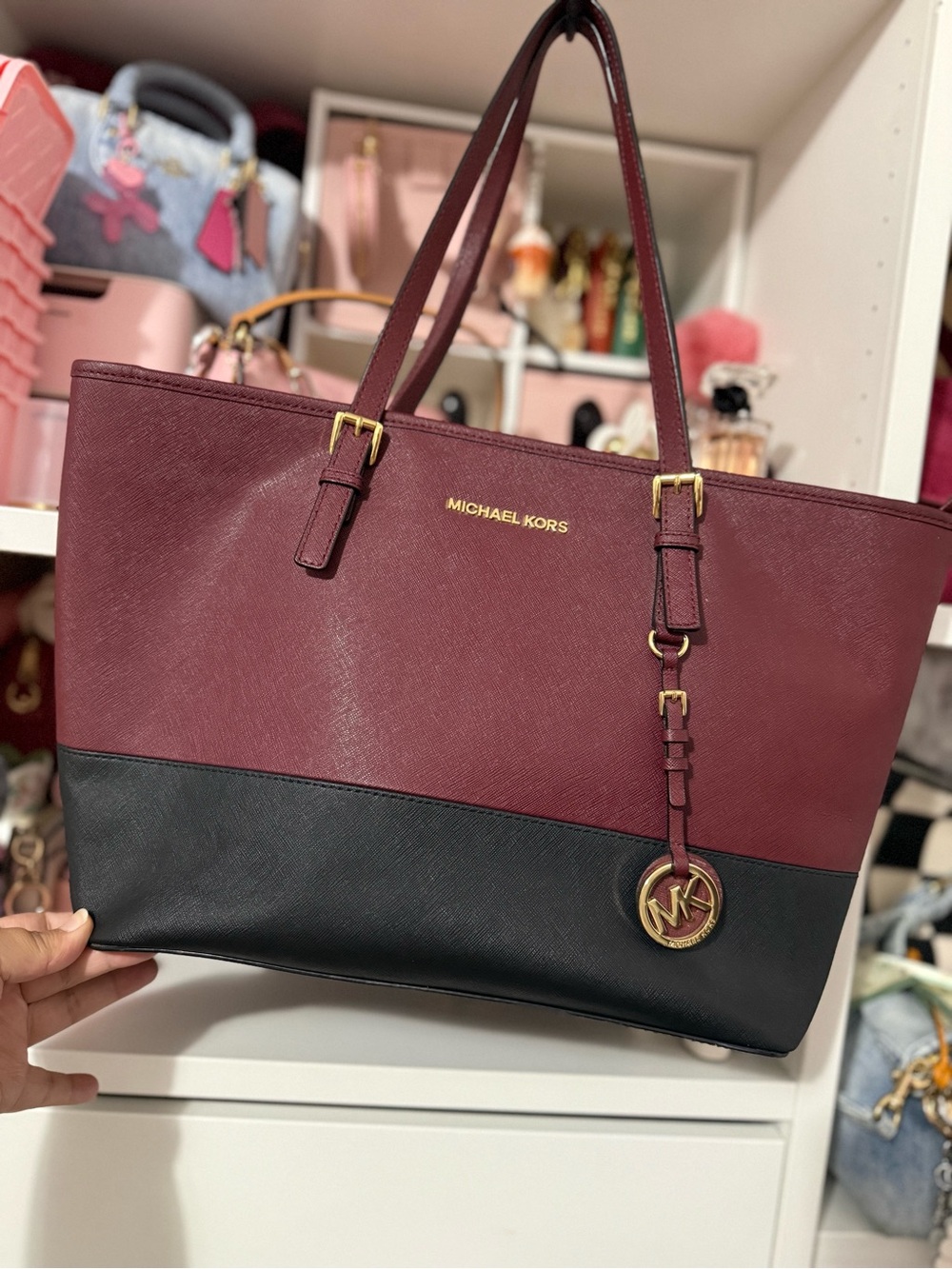 Michael Kors Wine and Black Colorblock Saffiano Tote